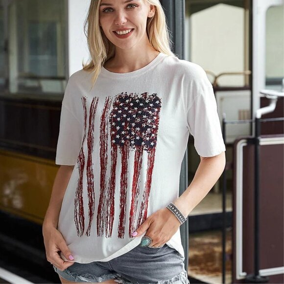 MONTANA WEST Womens American Flag Patriotic T Shirt USA Patriotic Graphic Tee L - Picture 1 of 10